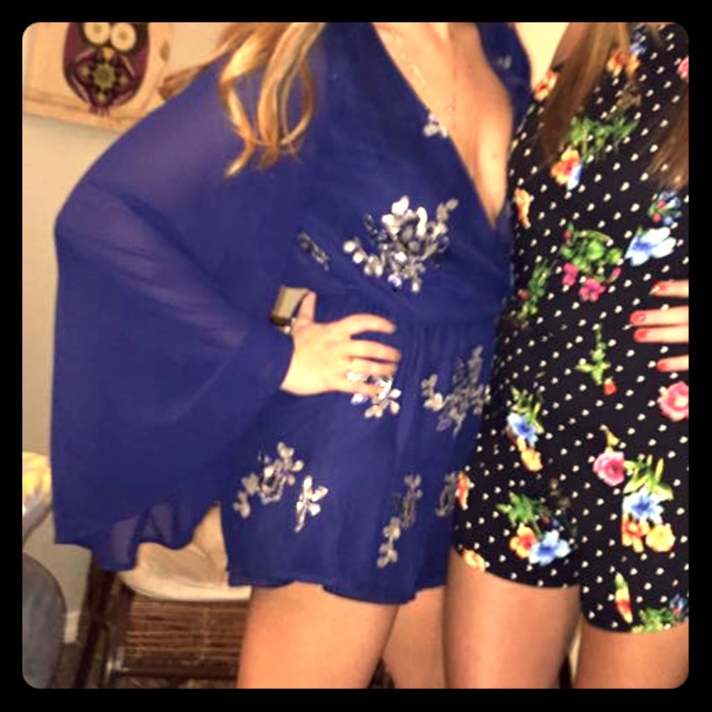 Navy blue floral sequin embellished Tobi romper